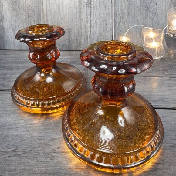 Tiara Indiana Glass Amber Sandwich Taper Candle Holder Stick Holder Votive Set 2 - Picture 1 of 11